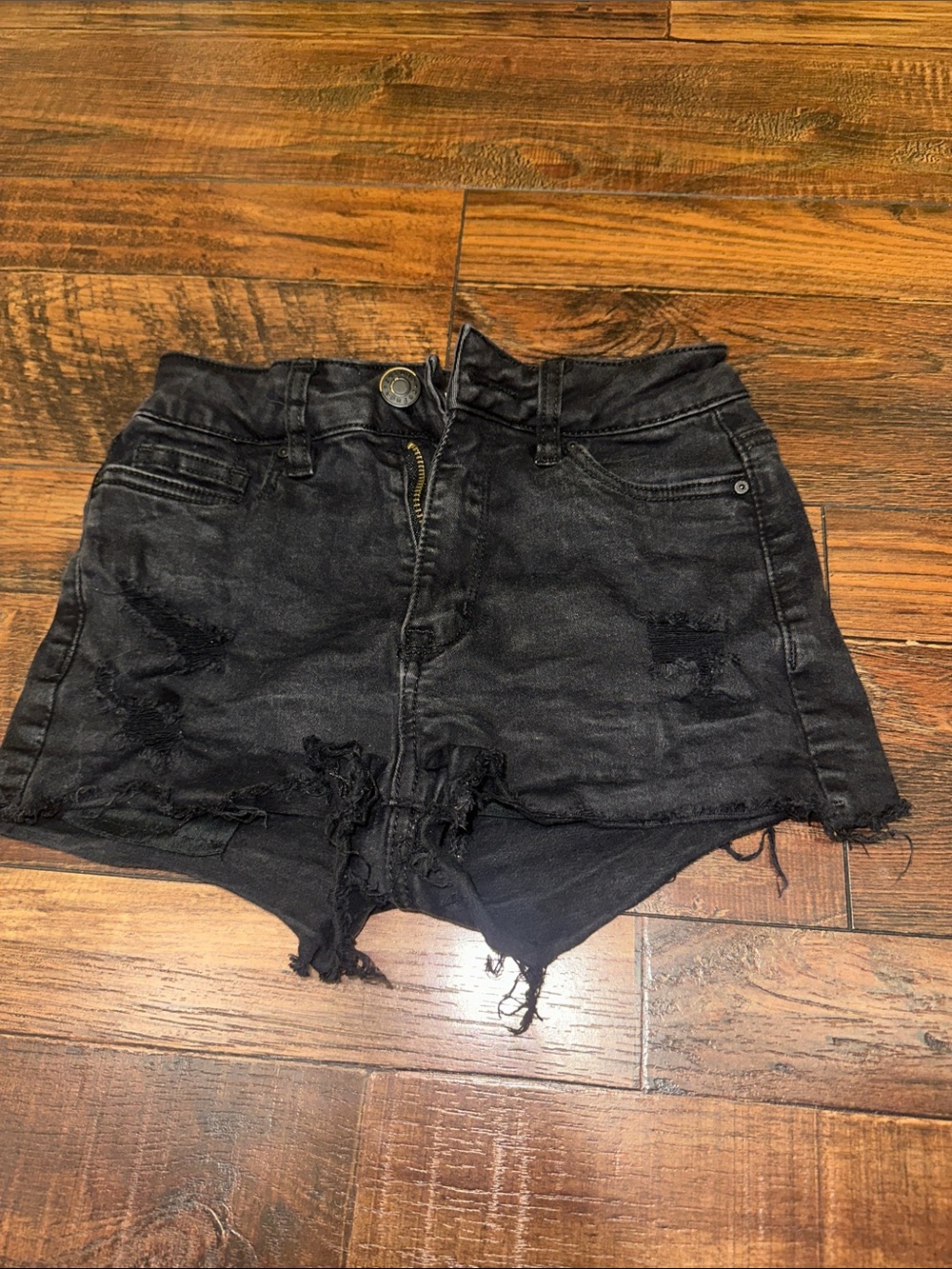 High-Rise Black Distressed Denim Shorts
